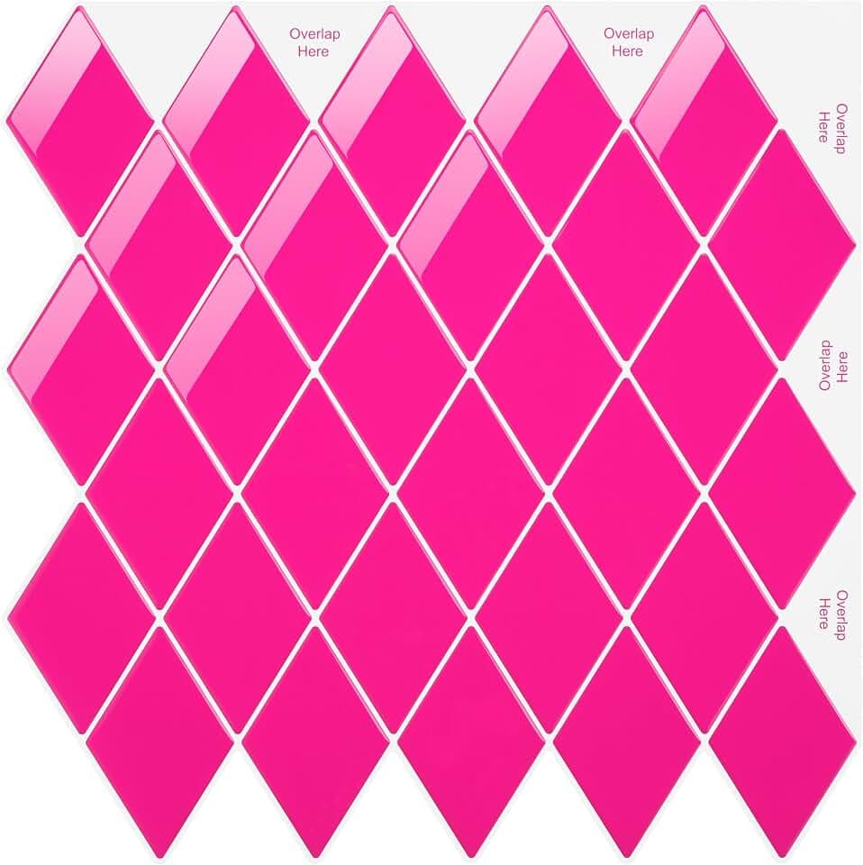 10-Sheet Peel and Stick Backsplash for Kitchen Accent Wall Tile Stickers 11.8"x11.8" Diamond Shape Self Adhesive - Neon Pink