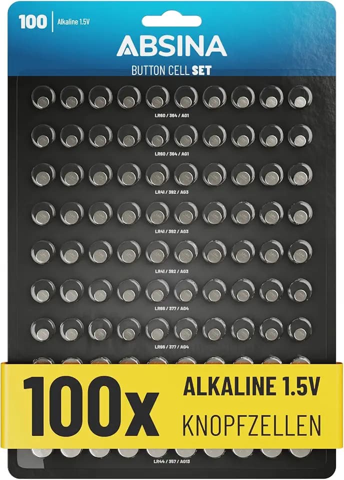 ABSINA 100er Pack Alkaline Knopfzellen Sortiment - Knopfzelle Set gemischt