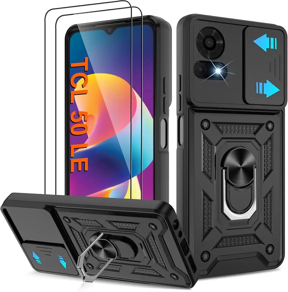 ATUMP for TCL 50 LE Phone Case with [2 Pcs] HD Screen Protector, Heavy Duty Shockproof with 360° Rotation Kickstand [Military Grade] Protective Case for TCL 50 LE, Black