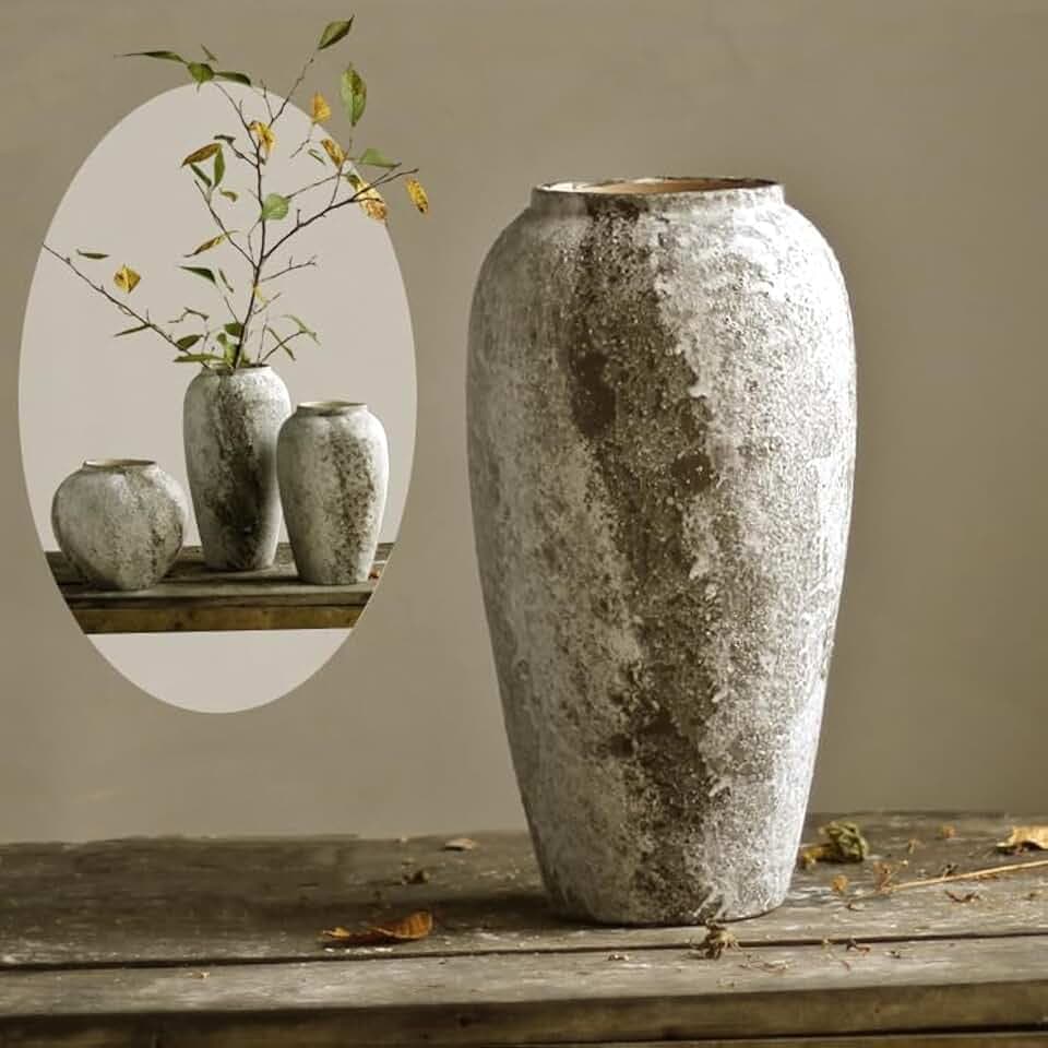 Denique Rustikale Keramik-Blumenvase, Vintage, hohe Bodenvase, Bauernhaus-Dekoration, große Vasen für Wohnzimmer, Eingang, Tischdekoration, Terrakotta-Vasen, Töpferei, Tonvase (C-35 cm)