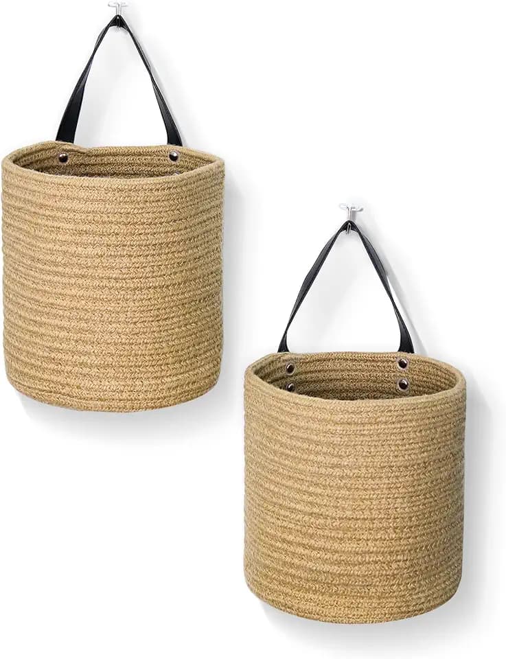 MEGASKET 2 Pack Hanging Basket, Small Wall Baskets for Organizing, Wicker Boho Wall Decor Set, Indoor Hanging Plant Holder, Rattan Woven Organizer for Home Decor, Farmhouse Storage Bin, Jute