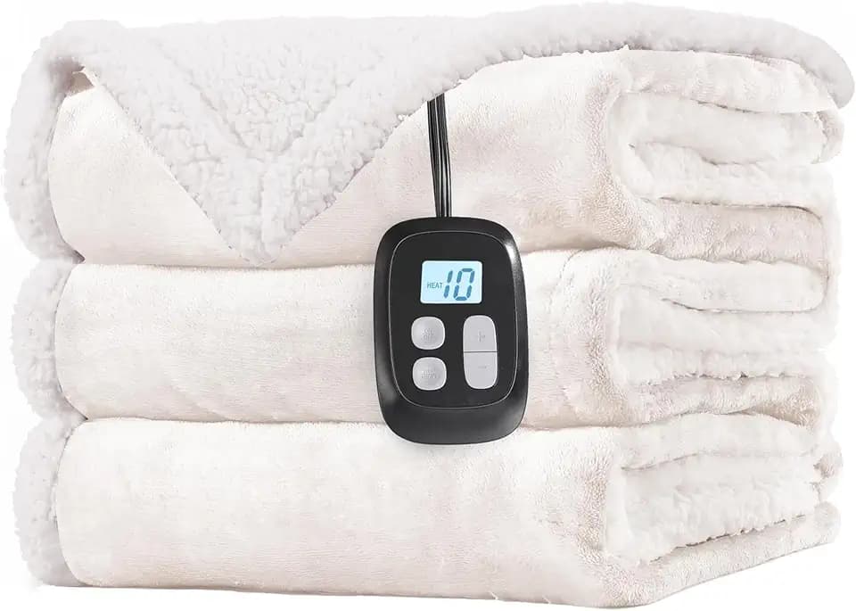 LaffyLo Electric Heated Blanket Twin Size 62 x 84, Fast Heating Blanket, Dual-Sided Flannel Sherpa, 10 Heat Settings, 1-12 Hour Auto Off, Machine Washable, White