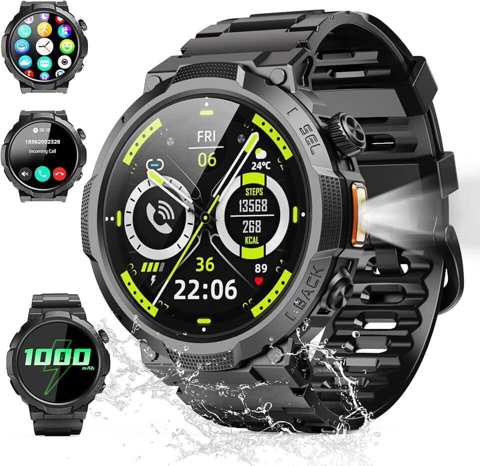 Soudorv Smartwatch Herren, 1000mAh Smart Watch mit Telefonfunktion, Militär