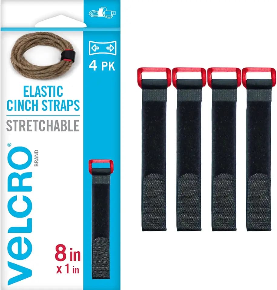 VELCRO Brand Elastic Cinch Straps with Buckle, 8in x 1in, Black, 4 Pack
