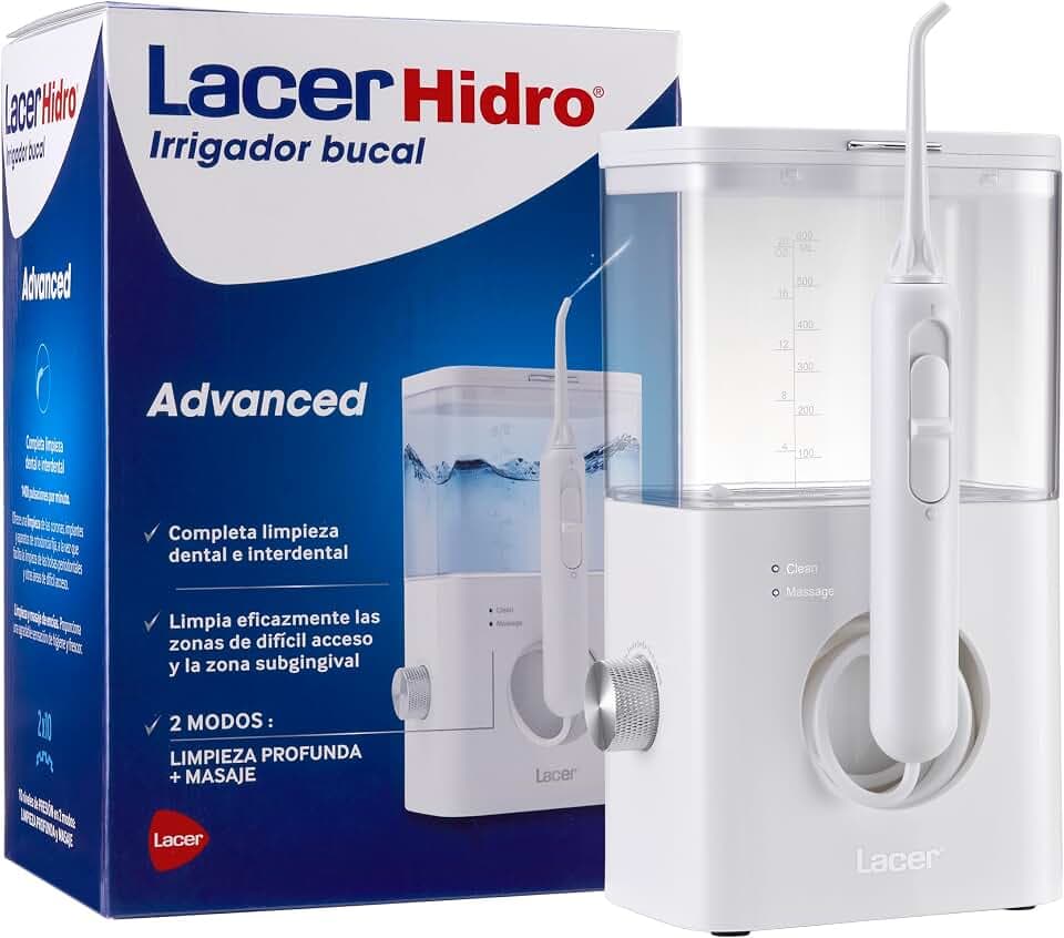 LACER Hidro Advanced Munddusche mit 4 Nachfüllungen, elektrische Bürste und Mundspülung, Tiefenreinigung, Zahnfleischmassage, reinigt Lingual- und Subgingivalbereich, 10 Druckstufen, Weiß