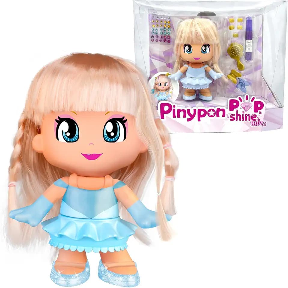 Pinypon Pop & Shine Fairy Tales, 17 cm Figur zum Kämmen, echtes Haar zum Schmücken und Verwandeln der Figur in eine Prinzessin, inkl. Glitzerstift, Kristalle und Kamm, +4 Jahre, Famosa (PNY79000)