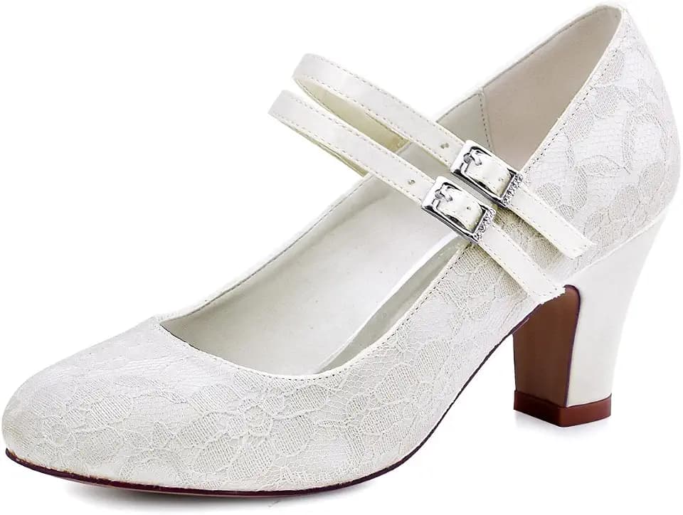 Elegantpark HC1708 Damen geschlossener Zehenbereich mit Zwei Knöcheln Mid Ferse Mary Jane Pumps Spitze Hochzeitsschuhe Abendschuhe