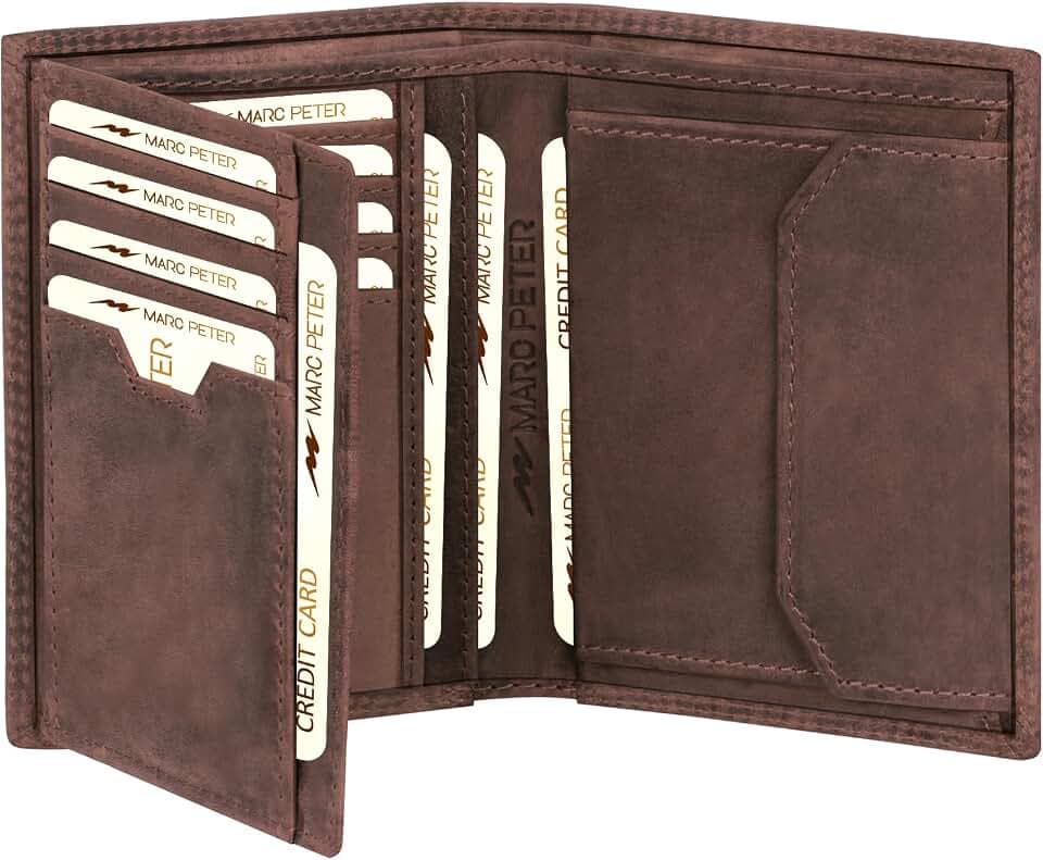 Marc Peter® Geldbörse Herren, Slim Wallet Geldbeutel mit Münzfach & RFID Schutz, Leder Portmonee, 9 Fächer für Kreditkarten, Kartenetui klein Herren (Braun1, Druckknopf)