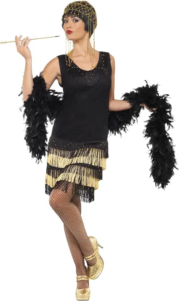 Smiffys 20s Fringed Flapper Costume, Black with Beaded Lace Front Dress, 1920's Razzle Fancy Dress, Adult Dress Up Costumes