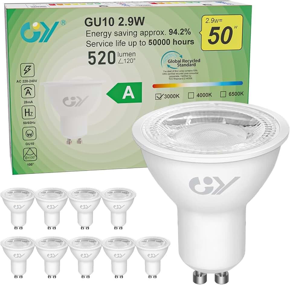 GY GU10 LED Warmweiss Lampe 2,9W 520 Lumen 3000K Warmweiß Glühbirnen, 50W lampe ersetzt, Abstrahlwinkel 110° Leuchtmittel, Nicht Dimmbar Energiesparlampe, 10er-Pack