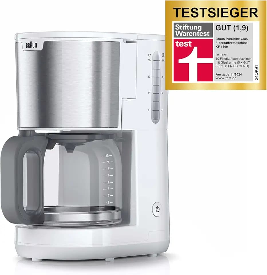 Braun PurShine KF 1500 WH Kaffeemaschine - Filterkaffeemaschine mit Glaskanne für bis zu 10 Tassen, OptiBrew-System, Automatische Abschaltung, 1000 Watt, Weiß, KF1500WH