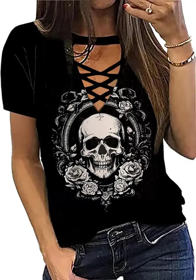 Cute Criss-Cross Hollow Out T-Shirt Women Funny Floral Graphic Print Shirt Casual Short Sleeve Vacation Tops