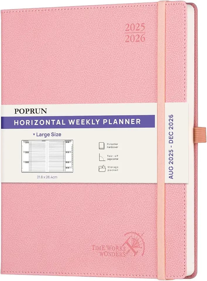 POPRUN Kalender 2025 2026 Horizontale Wochenplaner (Aug.2025-Dez.2026) hardcover mit PU-Leder, ca. A4 (21.8x26,4 cm), 17-Monate-Terminplaner 1 Woche 2 Seite, Zartrosa