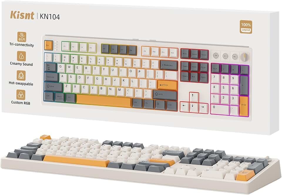 Kisnt KN104 Wireless Mechanical Keyboard, 100% Full Size with Knob, Bluetooth/2.4GHz/USB-C, Custom RGB Backlit, Hot-Swappable Linear Switch, Creamy Sound for Gaming/Typing (Retro Beige)