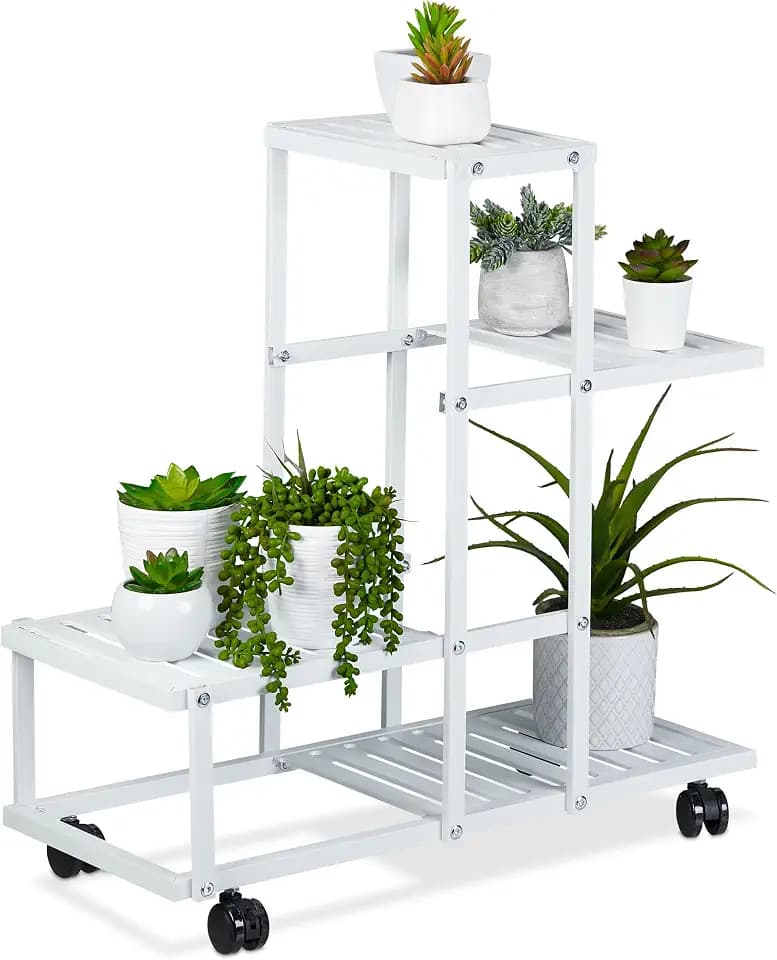 Relaxdays Pflanzenständer, 4 Ablagen, Pflanzentreppe für Blumen & Kräuter, Metall Blumenständer mit Rollen, Stahl, weiß