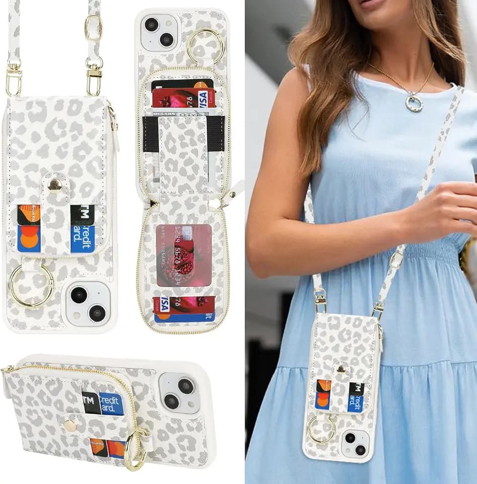 SailorTech iPhone 15 Plus Hülle Ring-Ständer mit Kartenfach, iPhone 15 Plus Handyhülle mit Verstellbarer Halskette, iPhone 15 Plus Handytasche mit Reißverschluss Geldbörse-Weißer Leopard