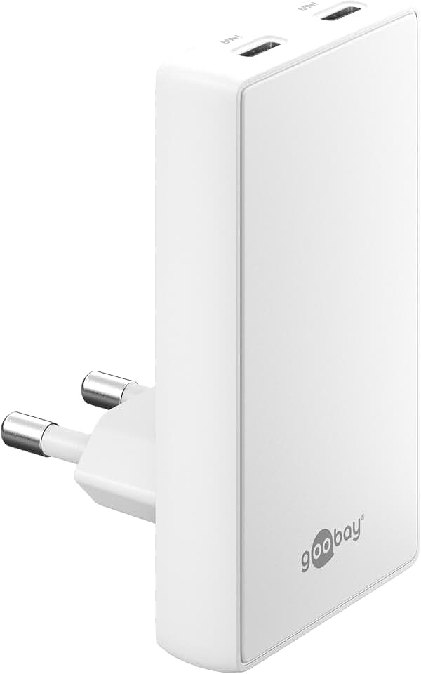 goobay 65W Flaches GaN USB C Ladegerät, Dual-Port (2X USB-C) Schnellladegerät – 90° Flat Design, ultraflach & platzsparend, für Apple, Samsung, Huawei, sowie Tablets & etc., Weiß – 75726