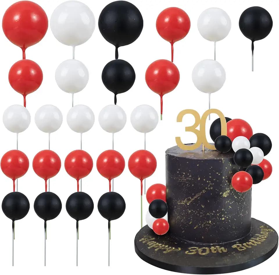 Gyufise 30Pcs Ball Cake Topper Decorations Mini Balloons Cake Topper Sticks Foam Balls Cake Picks Decorations Cake Decorations for Wedding Party Birthday Decorating Red Black White