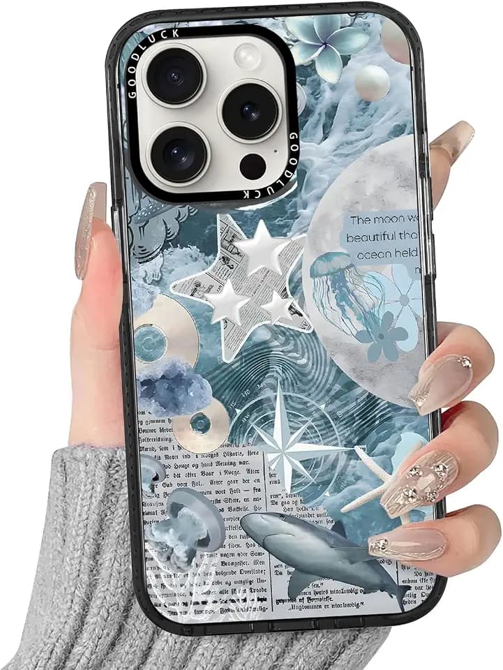 Summer Cute Clear Blue Ocean Phone Case for iPhone 15 Pro 6.1", Aesthetic Whale Shark Jellyfish Pattern Design Girls Women Black Cover Shockproof Soft Slim TPU Bumper Protection Funda
