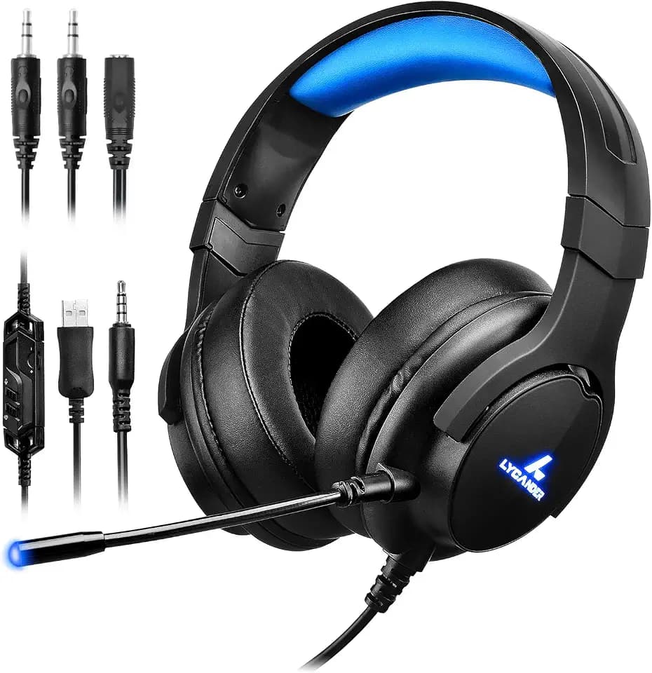 LYCANDER Gaming-Headset mit Mikrofon und LED-Licht, 3,5 mm Eingang, für PC, PS4, Xbox One, Nintendo Switch und mehr (Intermediate - Schwarz und blau)