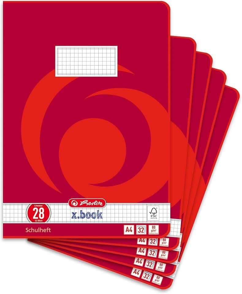 herlitz Schulheft A4, 32 Blatt, Lineatur 28, kariert mit Doppelrand, 5 Stück