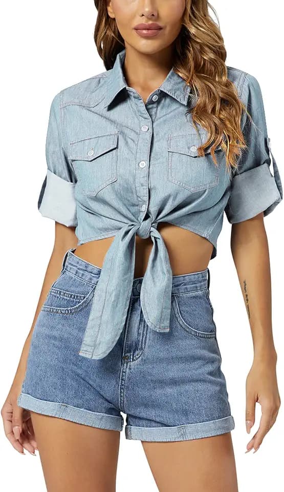 Women's Tie Front Chambray Shirts Roll Up 3/4 Sleeve Button Down Crop Denim Tops