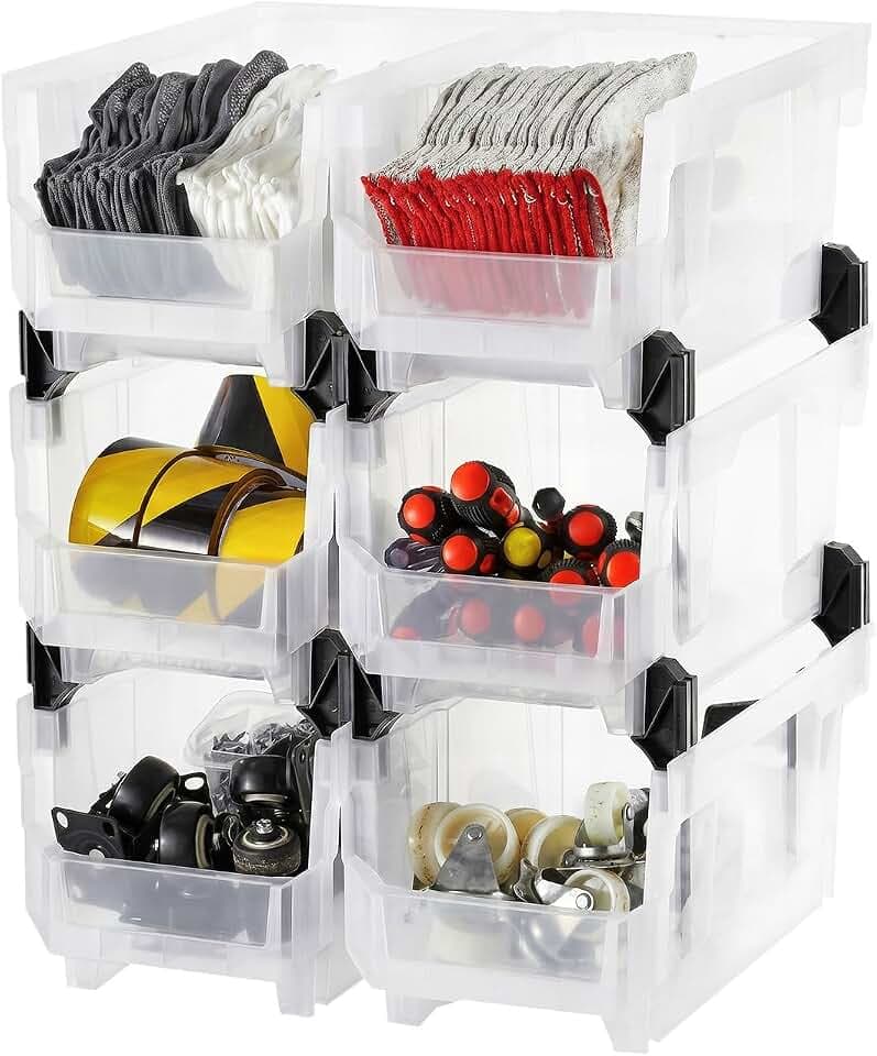 VEVOR Stapelboxen, 377 x 215 x 180 mm (6er-Pack), Sichtlagerboxen zum Organisieren & Aufbewahren, Sichtlagerkasten für Schränken, Garagen, Kleinteilen, Bürobedarf & anderem Zubehör, transparent