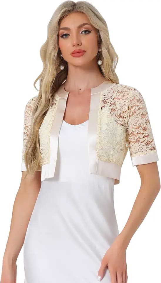 Allegra K Bolero Shrug für Damen Satin Panel Kurzarm Spitze Cardigan