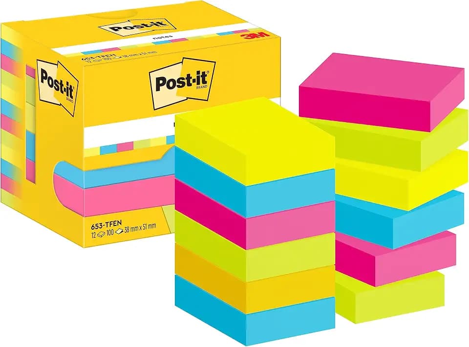 Post-it Notes, 12 Blöcke (1200 Blatt), 38 mm x 51 mm, Sortierte Farben