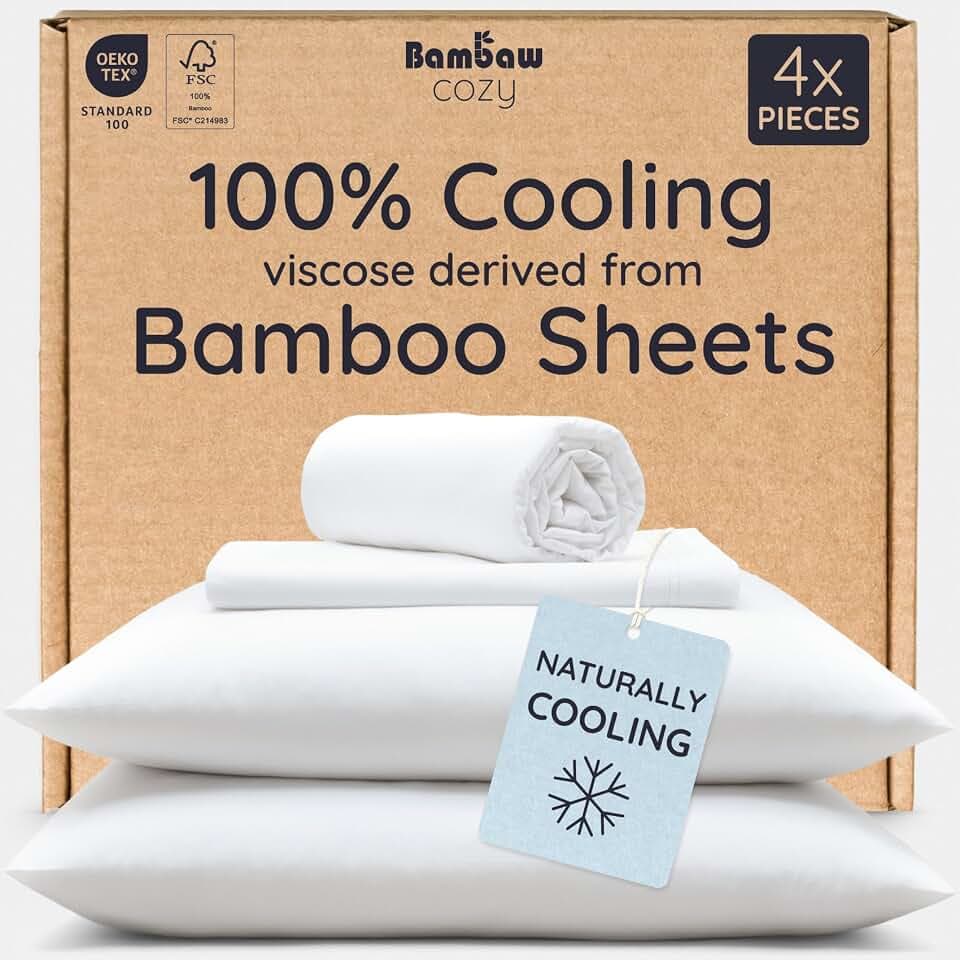 Bambaw 100% Viscose Derived from Bamboo Sheets Full Size Set – 4pcs Cooling Sheets for Hot Sleepers, Super Soft Full Size Sheets, with Elastic Corner Straps, Hotel Luxury Bed Sheets Set (White)