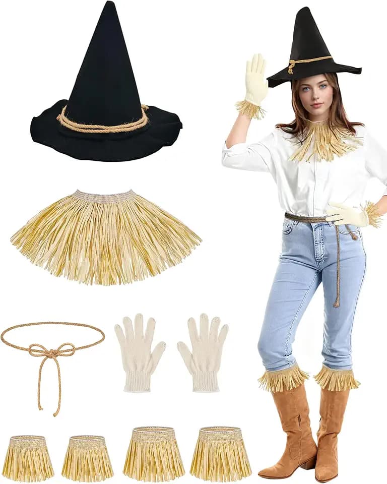 9 PCS Scarecrow Costume Set Women Men Adults for Halloween Accessories
