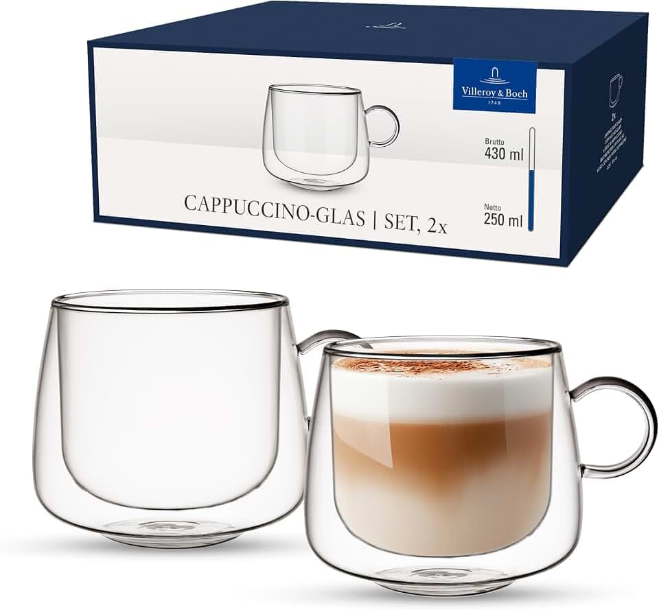 Villeroy & Boch – Artesano Hot&Cold Beverages Cappuccino-Glas mit Henkel Set 2 teilig Klar, Spülmaschinenfest, Mikrowellensicher, Cappuccino Tasse Transparent, Heißgetränkebecher, Borosilikatglas