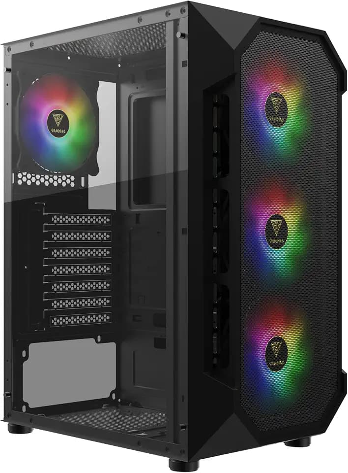 Zeus GAMDIAS ATX Mid Tower Gaming-PC-Gehäuse mit seitlichem gehärtetem Glas, 4 x 120 mm ARGB-Gehäuselüfter und Synchronisation mit 5 V RGB-Motherboard