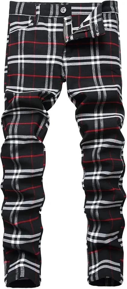 JE&NS Men's Stretch Slim Fit Flat-Front Casual Skinny Chinos Plaid Dress Pants