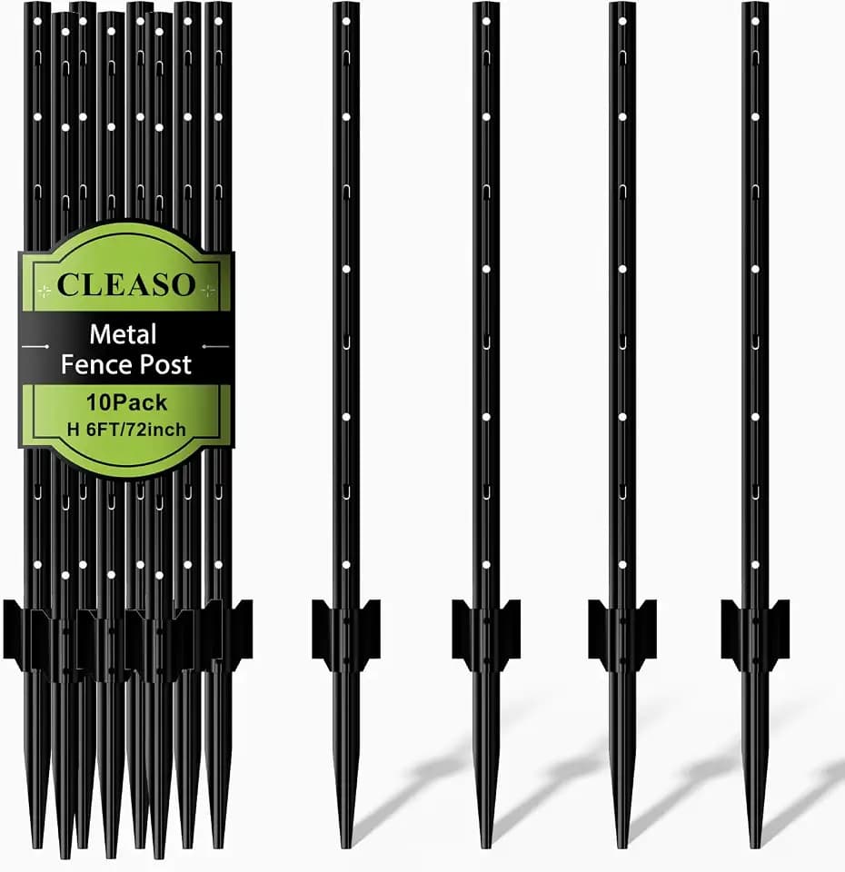 Metal Fence Posts 6 FT Black (Pack of 10) – Heavy Duty U Post for Wire Fencing, Rustproof Powder-Coated Steel Fence Stakes, No-Dig Fence Posts for Farm, Orchard, Yard & Temporary Fencing