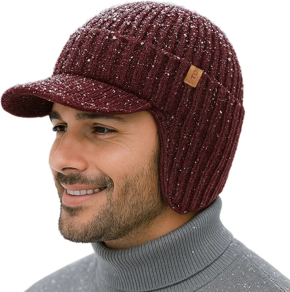 TOP-EX DryKnit Wasserdichte 80% Merinowolle, Schirmmütze für Herren, mit Ohrenklappen & Fleece gefüttert, Winter-Thermo-Golfvisier, Beanie-Mütze für kaltes Wetter, M-XXL