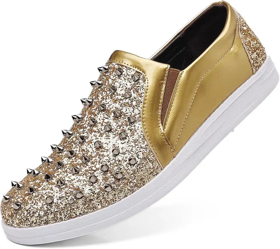 Trsorini Men's Glitter Spikes Loafers Sparkly Shiny Light-up Shoes Metal Rivet Soft Sneakers Male Shoes