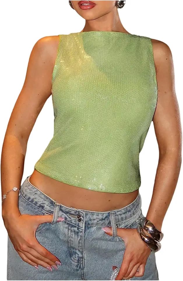 MakeMeChic Women's Sparkly Sequin Tank Tops Going Out Rave Tops