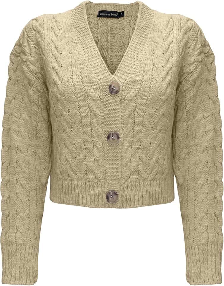 Generation Fashion New Ladies Women’s Knitted Long Sleeve 3 Button Down Cropped Bolero Cardigans Cable Knit Chunky Cardigan Crop Top Short Cardigans