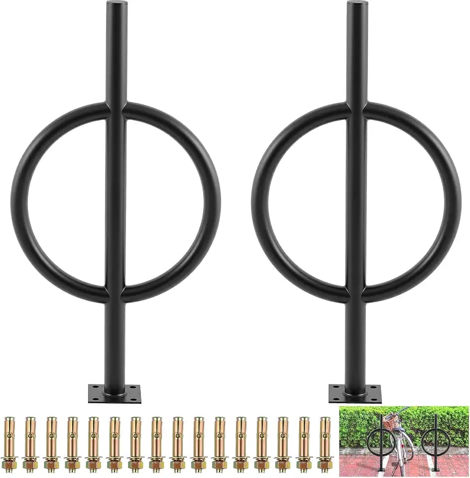 2 Pack 2 Bike Capacity Post and Ring Bike Rack Commercial Bicycle Rack 35" L Heavy Duty Galvanized Steel Bicycle Organizer Ground Parking Stand for Outdoor Garages Streets Yards Sidewalks