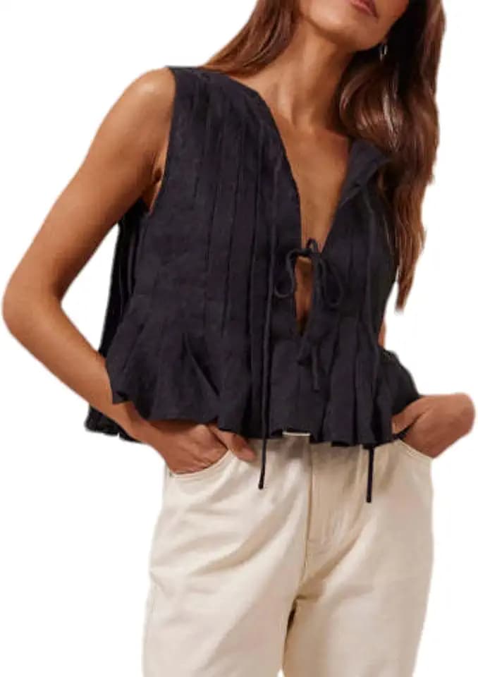 Zontroldy Linen Peplum Tops for Women Cute Tie Front Top Babydoll Tops