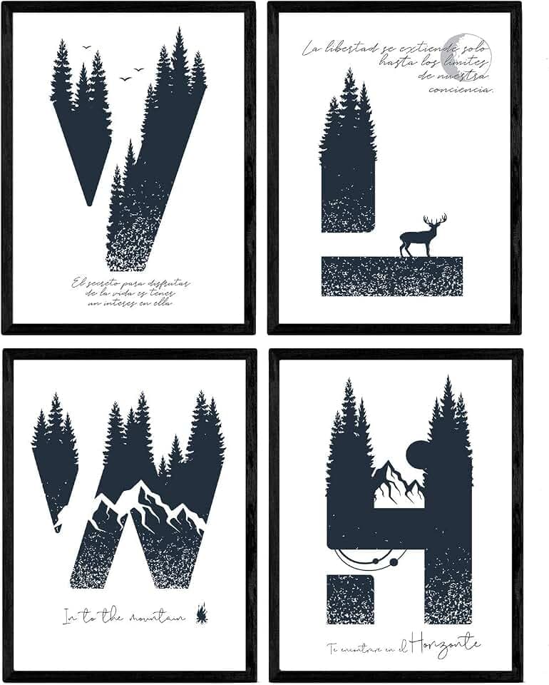 Nacnic Packen Sie vier Buchstaben Poster Natur-Design. Buchstaben H, V, L, W Poster Buchstaben Design. A3 Größe ohne Rahmen