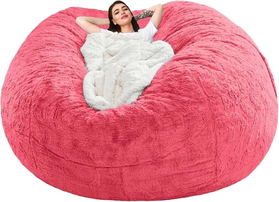 Giant Bean Bag Chair Cover(No Filler),Oversized Round Soft Fluffy PV Velvet Washable Lazy Sofa Bean Bag Bed Cover for Adults, Living Room Bedroom Furniture Outside Cover (Rose Red, 5FT)