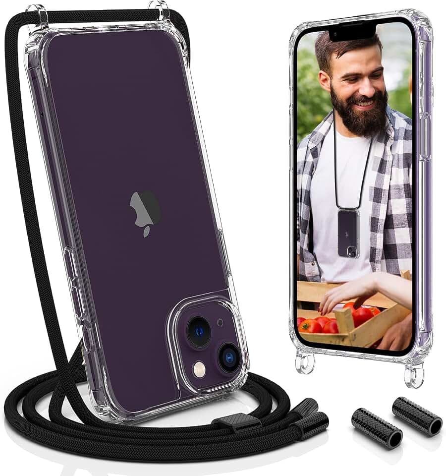 Handykette Hülle mit Band Für iPhone 14 6.1" - Necklace Transparent Handyhülle Case mit Schnur Abnehmbar,Schutzhülle zum Umhängen Kordel, Schwarz