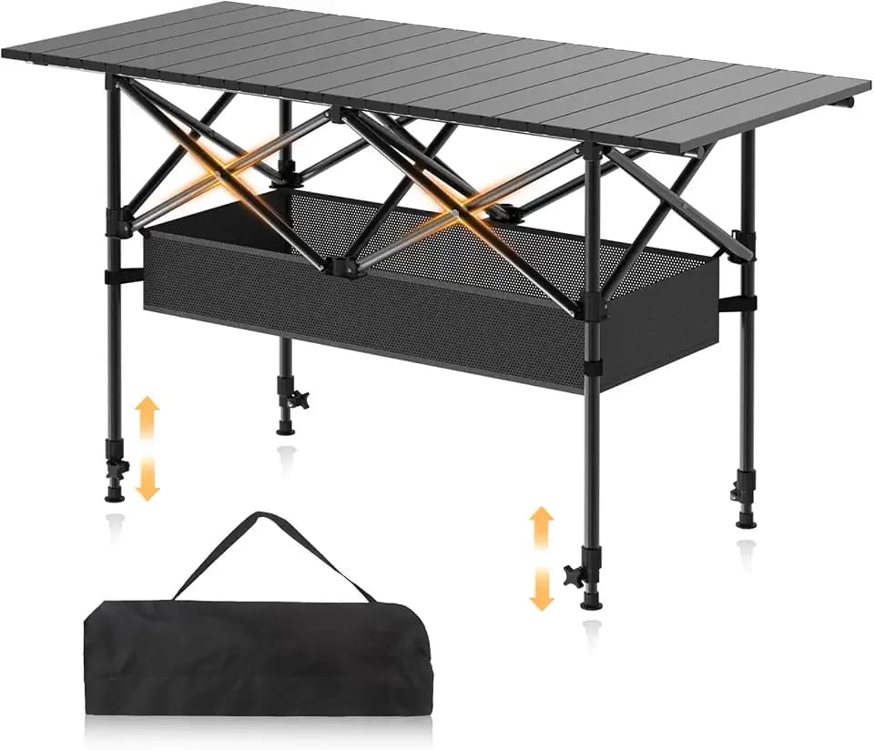Camping Table Portable, Folding Roll-Up Picnic Table with Carry Bag & Detachable Storage Pockets, Lightweight Outdoor Table for Camping, Backyard, Party, BBQ, Patio