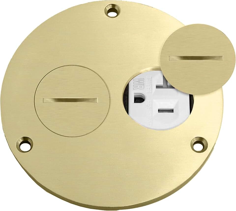 ENERLITES Brass 4-in Dia Screw Cap Floor Box Cover with 20A Outlet