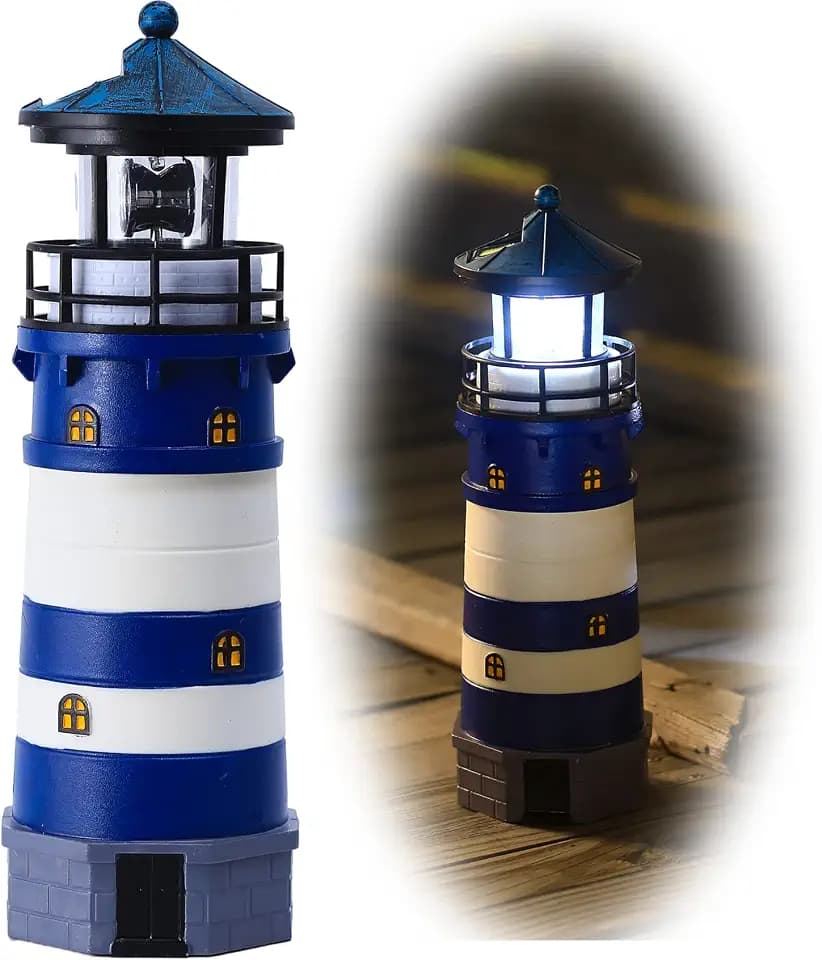 Solar Powered Lighthouse Decor, Solar Lighthouse with Rotating Beacon, 360 Degree Rotating Lighthouse Decoration, Best Lighthouse Gifts (Round Blue)
