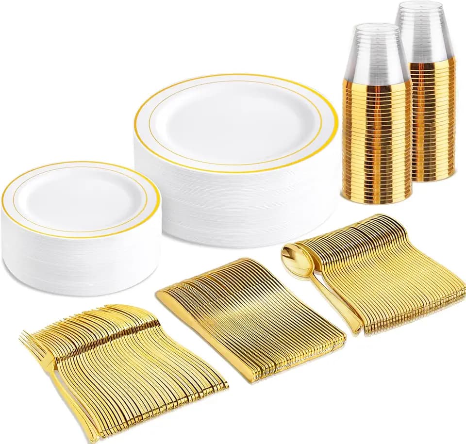 bUCLA 150PCS Gold Plastic Plates Disposable - Heavy Duty Gold Plates Include 25 Dinner & 25 Dessert Plates,25 Forks,25 Knives,25 Spoons&25 Cups for Party, Thanksgiving, Fall Harvest & Autumn