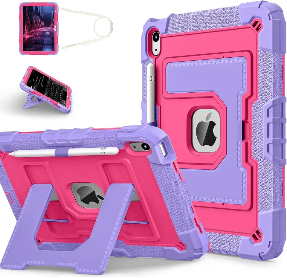 Kids Friendly Case for iPad A16 11th Generation 11 Inch 2025 / iPad 10th Generation 10.9" 2022 Case with Pencil Holder & Shoulder Strap, Hybrid iPad 11 10 Cover Rugged Shockproof Kickstand,Rose+Purple
