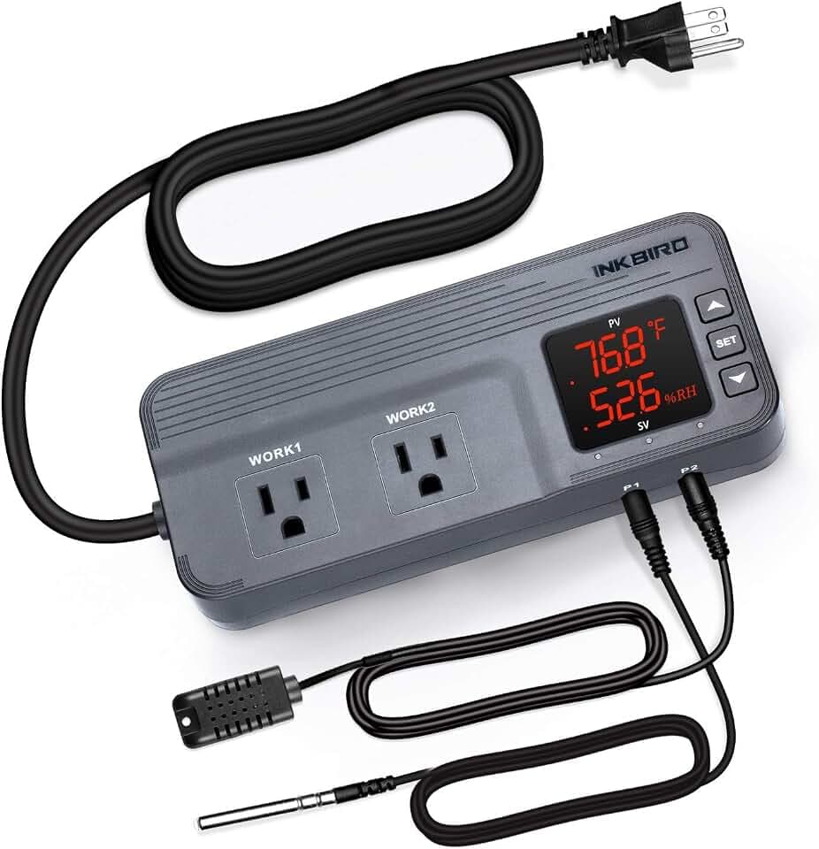 Inkbird Temperature and Humidity Controller ITC-608T Pre-Wired Dual Stage Thermostat 120VAC 15A 1800W ETL Listed Mushroom Greenhouse Homebrew